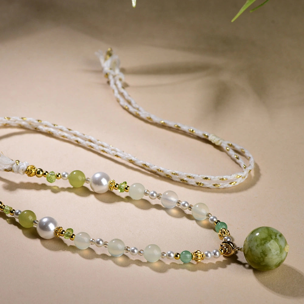 Mulstio Xiuyan Jade Pendant Necklace Hand Woven Sweater Chain for Women Inner Peace