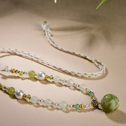 Mulstio Xiuyan Jade Pendant Necklace Hand Woven Sweater Chain for Women Inner Peace