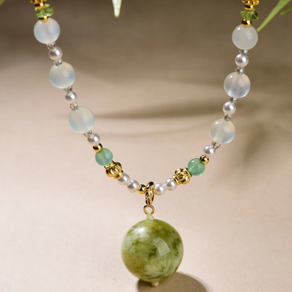 Mulstio Xiuyan Jade Pendant Necklace Hand Woven Sweater Chain for Women Inner Peace