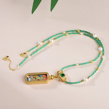 Green Tara Thangka Pendant Emerald Glass Pearl Choker Empowerment Necklace