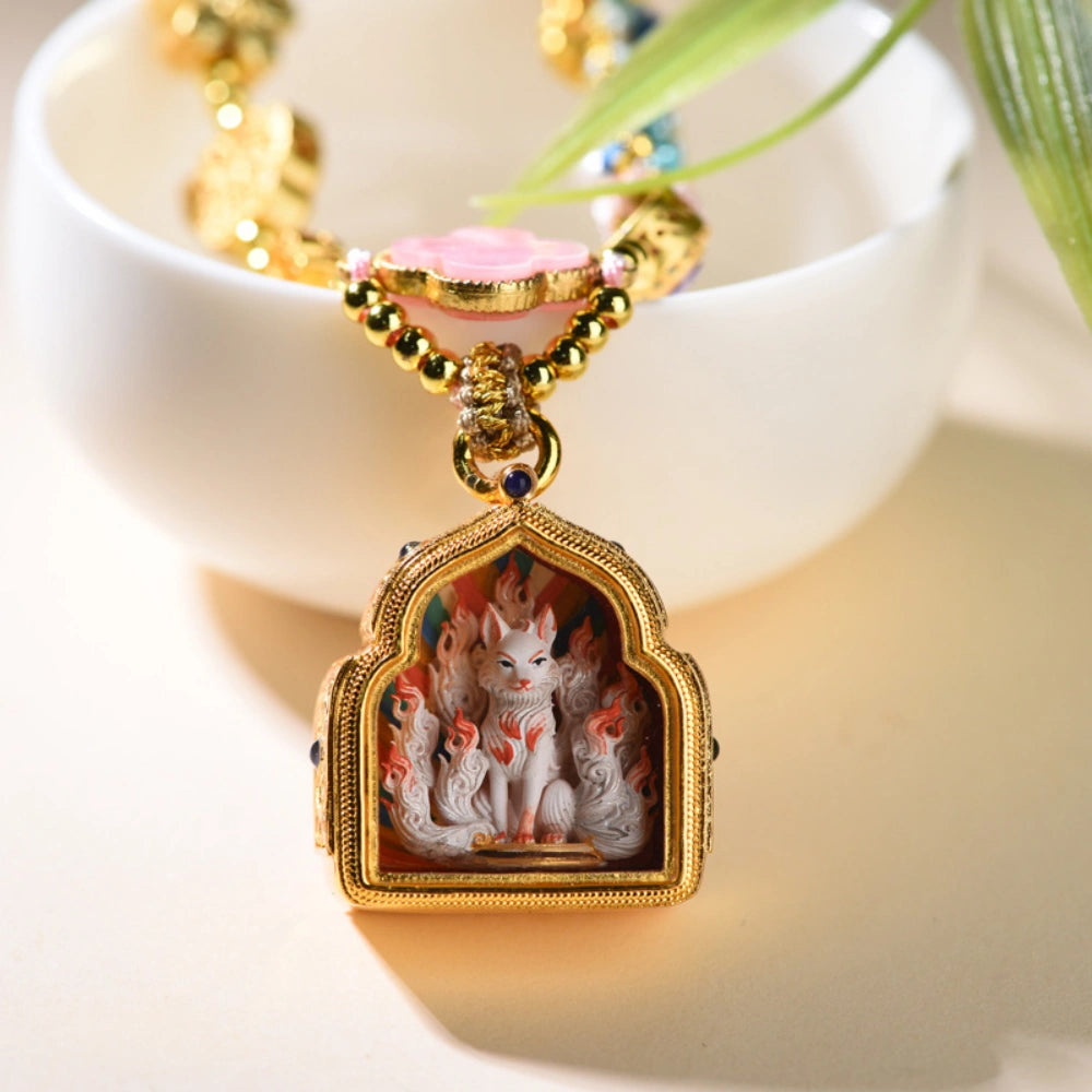 Hand Painted Nine Tailed Fox Pendant Necklace Tibetan Braided Cord Empowerment Jewelry