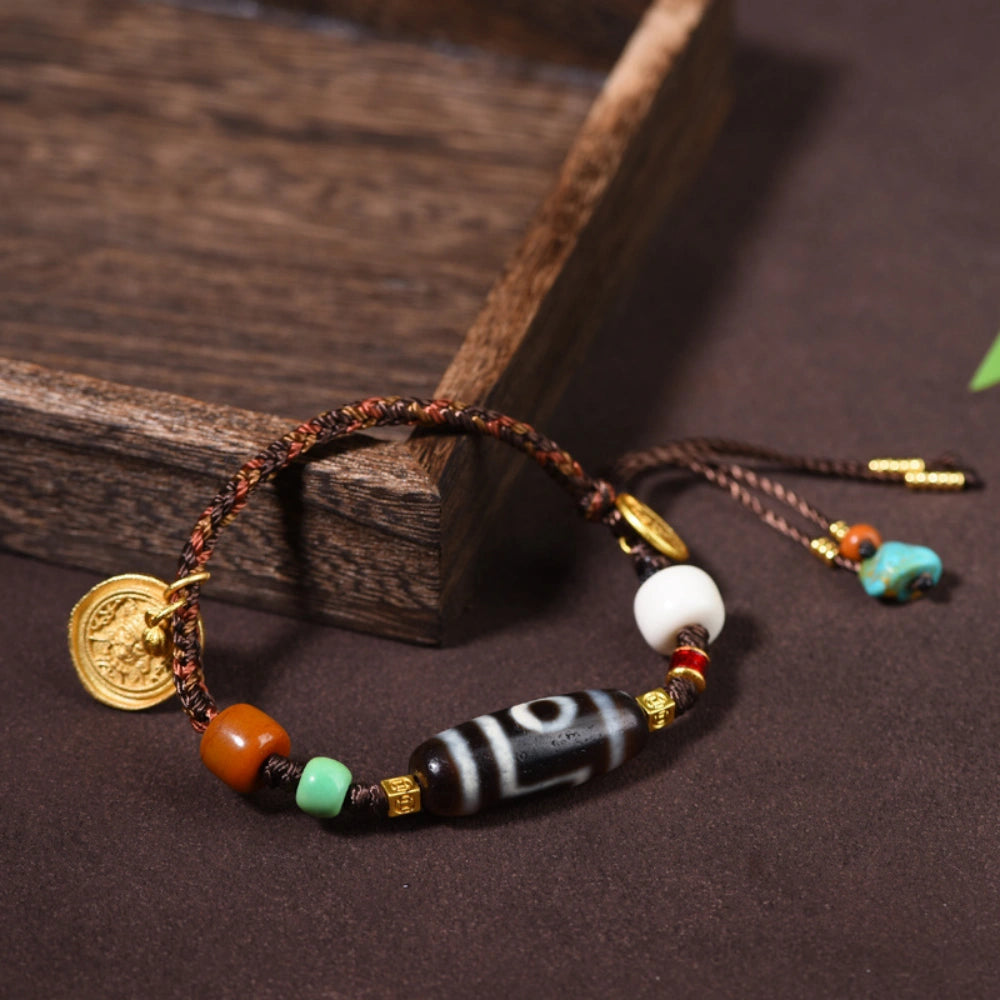Authentic Two Eyed Dzi Bead Bracelet Agate Healing Stone Empowerment Jewelry for Women