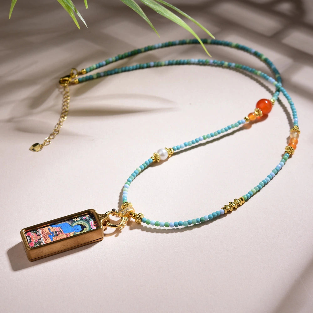Thangka Pendant Beaded Necklace Turquoise Southern Red Agate Inner Peace Empowerment