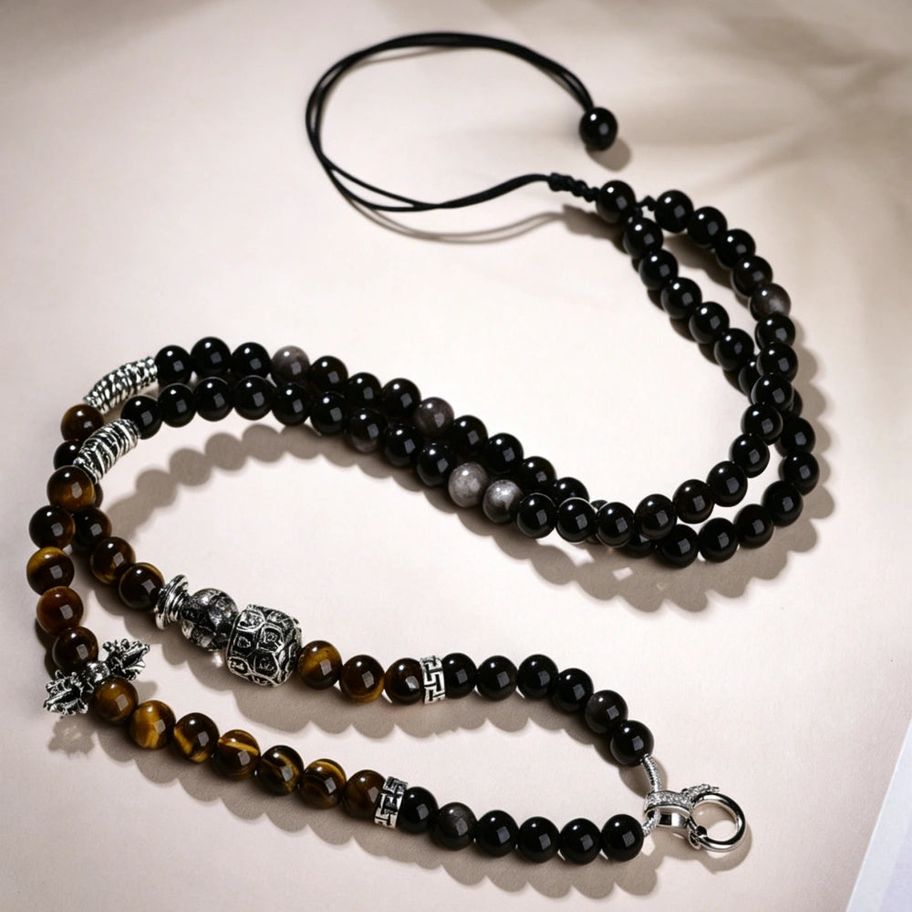 Mulstio Silver Sheen Obsidian Energy Necklace Spiritual Protection Mala Beads for Women Empowering Rituals