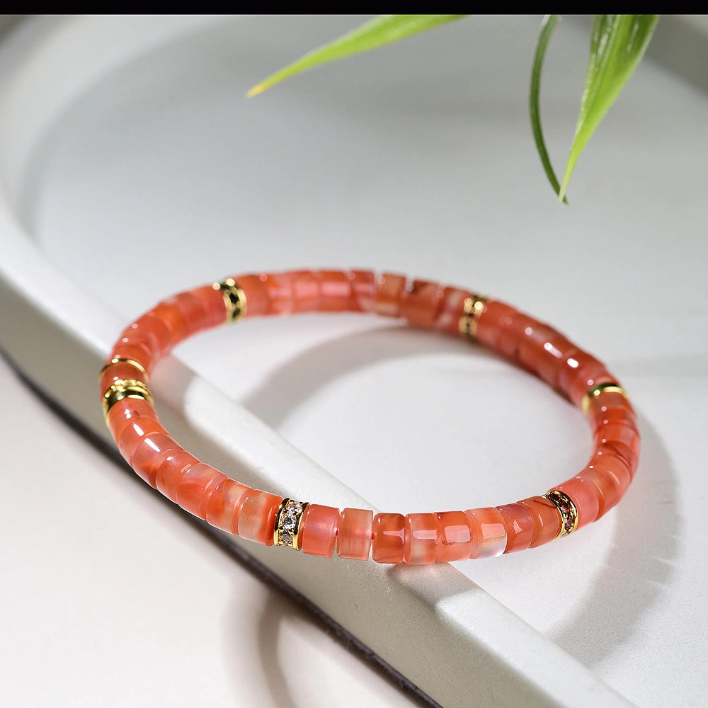 Mulstio Empowerment Bracelet Collection Nan Hong Agate Mo Yu and Hetian Jade Tablet Cut Talisman