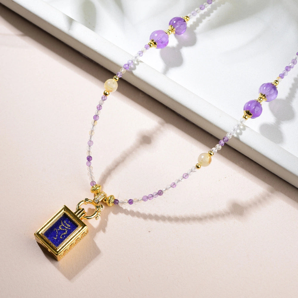 Mulstio Vintage Thangka Pendant Necklace Amethyst Green Strawberry Quartz Empowerment Jewelry