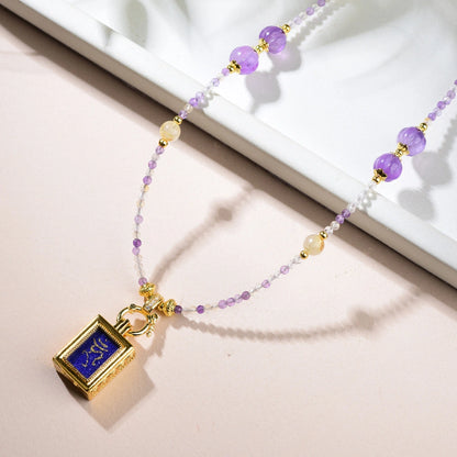 Mulstio Vintage Thangka Pendant Necklace Amethyst Green Strawberry Quartz Empowerment Jewelry