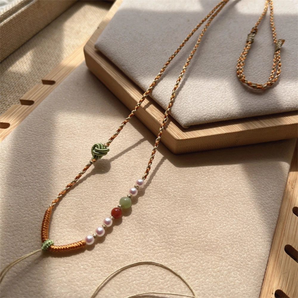 Handmade Jade and Pearl Necklace Cord Spiritual Empowerment Pendant Chain