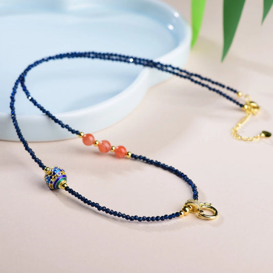 Modern Oriental Blue Zircon Necklace with Southern Red Agate Empowering Spiritual Protection Choker