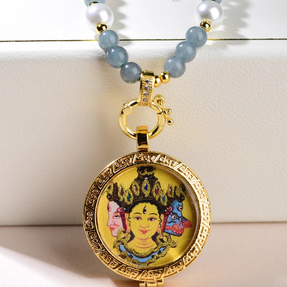 Mulstio Gray Chalcedony Thangka Pendant Necklace Spiritual Empowerment Jewelry for Women