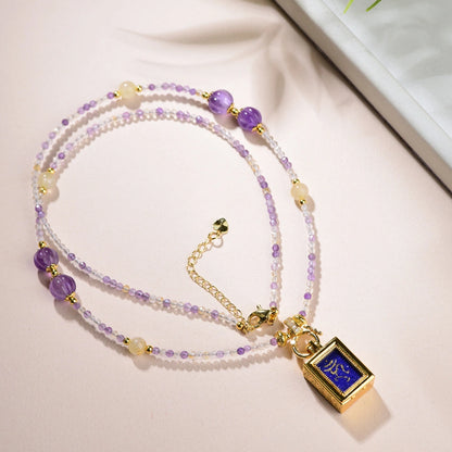 Mulstio Vintage Thangka Pendant Necklace Amethyst Green Strawberry Quartz Empowerment Jewelry