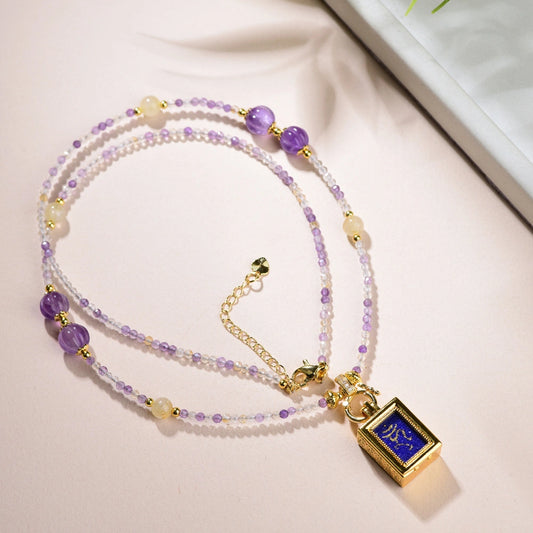 Mulstio Vintage Thangka Pendant Necklace Amethyst Green Strawberry Quartz Empowerment Jewelry