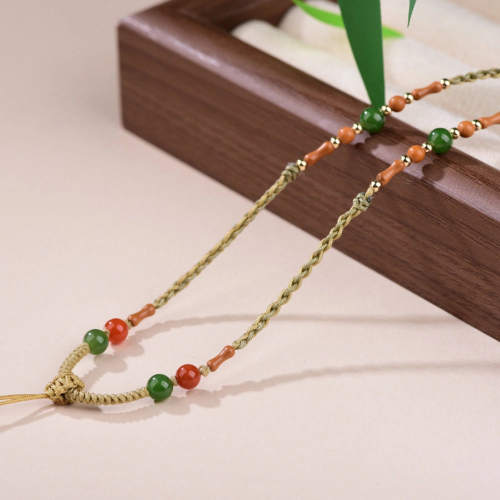 Handwoven Southern Red Agate Necklace Cord with Olive Pit Bamboo Accents for Emotional Vitality