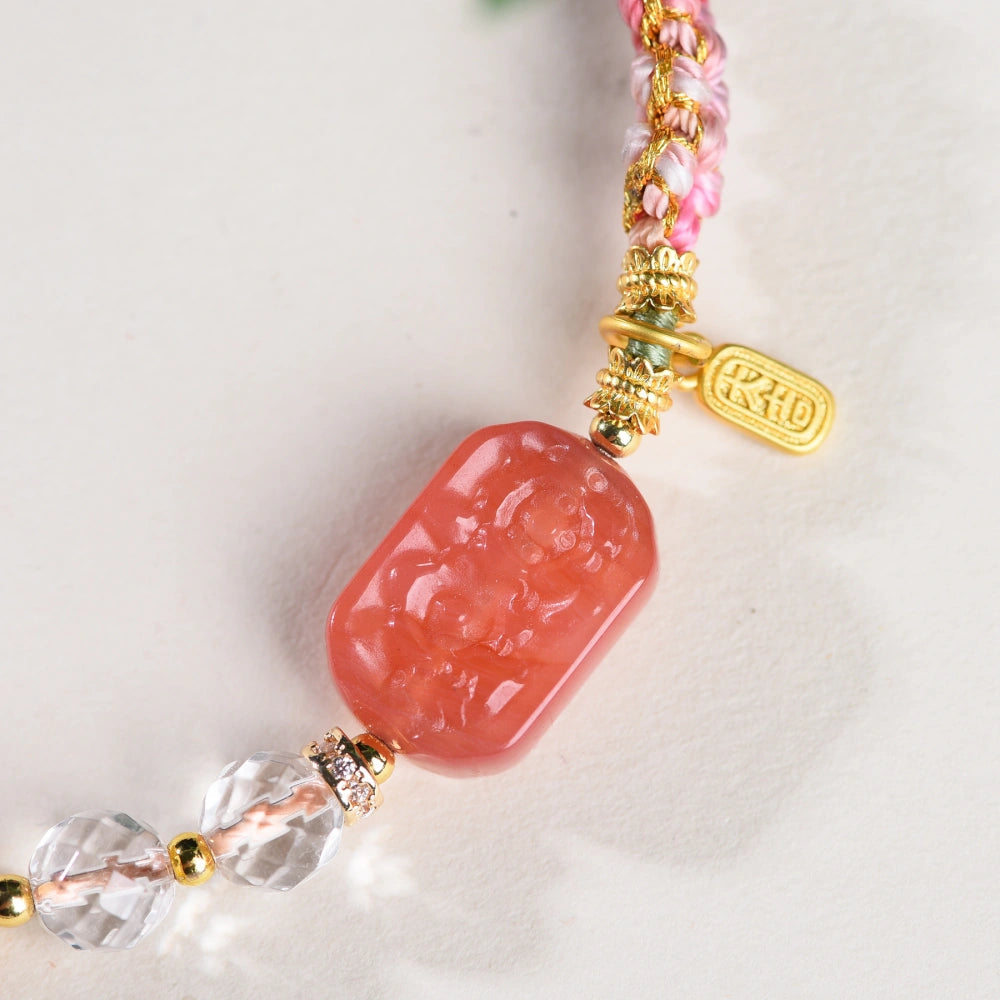 Mulstio Southern Red Agate Peach Blossom Knot Bracelet White Crystal Empowering Handcrafted Jewelry for Vitality
