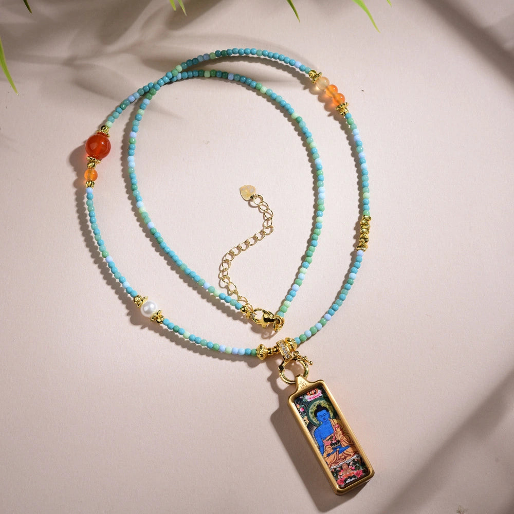 Thangka Pendant Beaded Necklace Turquoise Southern Red Agate Inner Peace Empowerment
