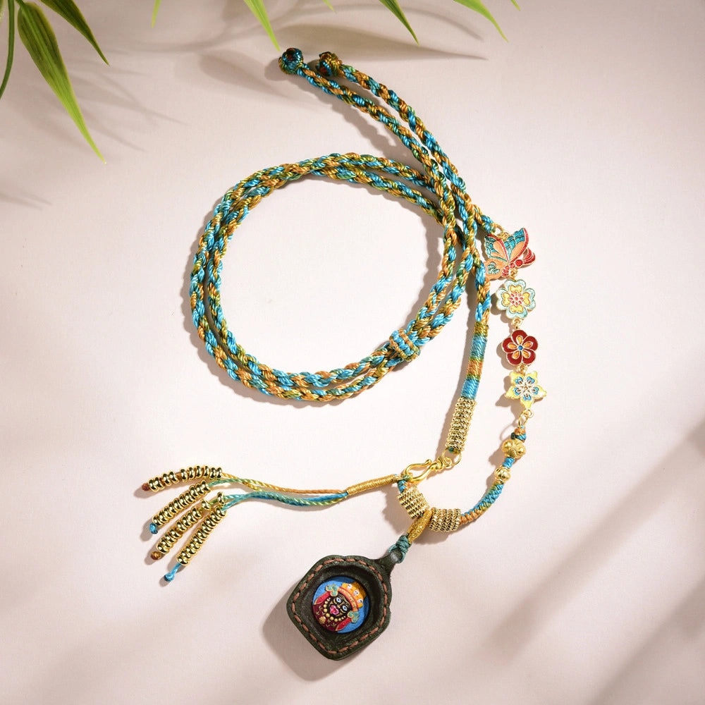 Tibetan Braided Rope Thangka Necklace Leather Amulet Spiritual Abundance Empowering Talisman