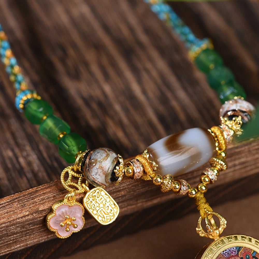 Tibetan Dzi Bead Necklace Zaki Lhamo Thangka Pendant Hand-Woven Wealth Empowerment Amulet