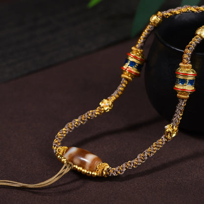 Hand-Woven Tibetan Dzi Bead Necklace - Vintage Ethnic Protection Amulet for Women