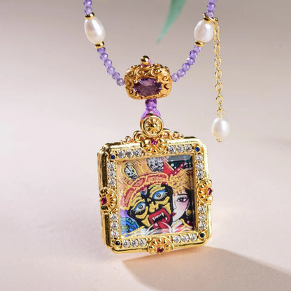 Amethyst Pearl Necklace Zaki Lhamo Thangka Pendant Empowering Spiritual Jewelry