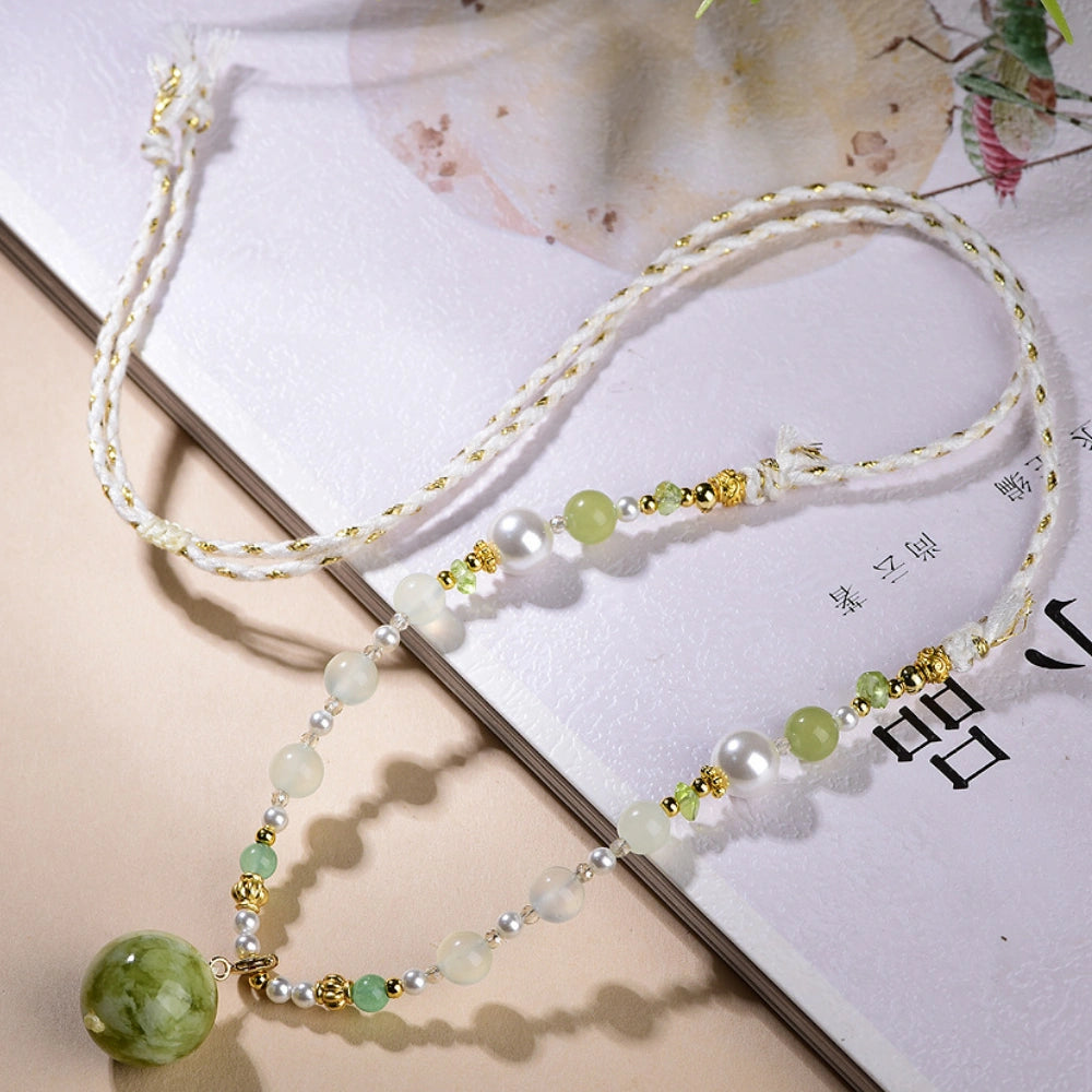 Mulstio Xiuyan Jade Pendant Necklace Hand Woven Sweater Chain for Women Inner Peace