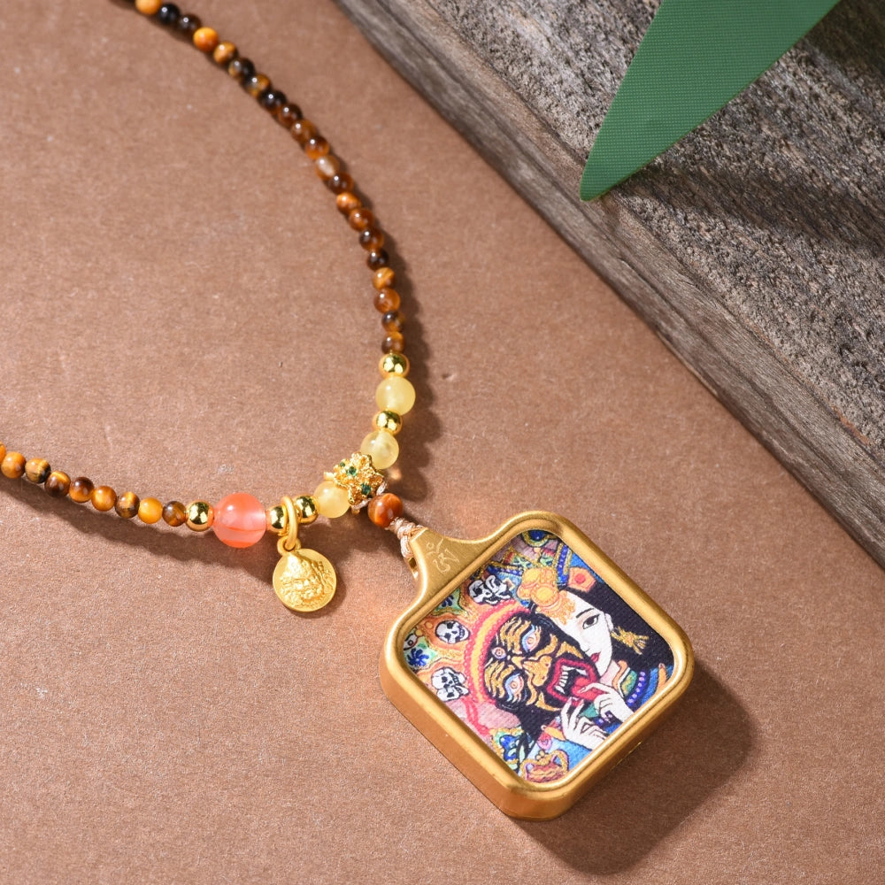 Zaki Lhamo Thangka Pendant Tiger Eye Necklace Spiritual Empowerment Jewelry