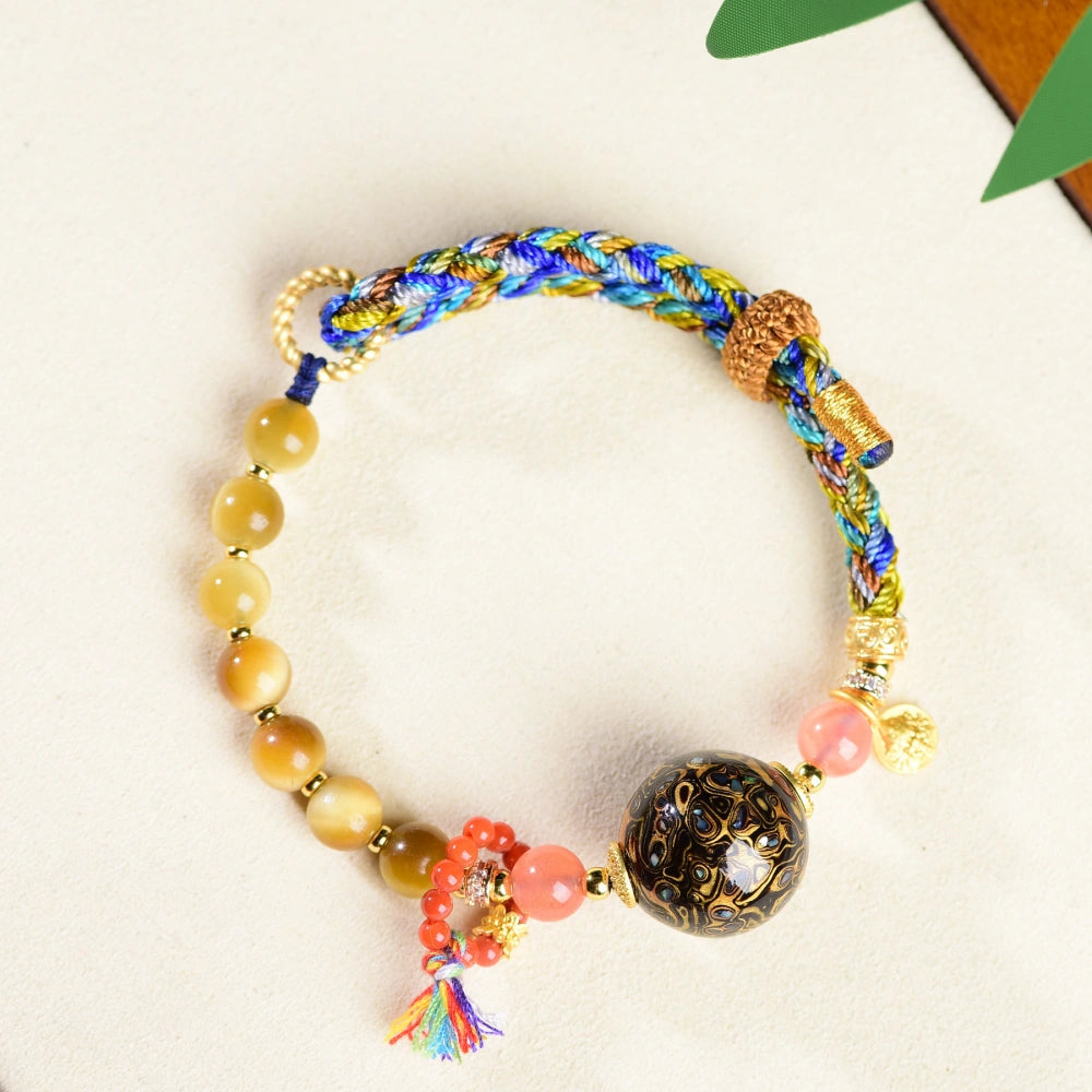 Mulstio Modern Empowerment Bracelet Tiger Eye Stone Chinese Lacquer Art Handwoven Spiritual Jewelry for Women