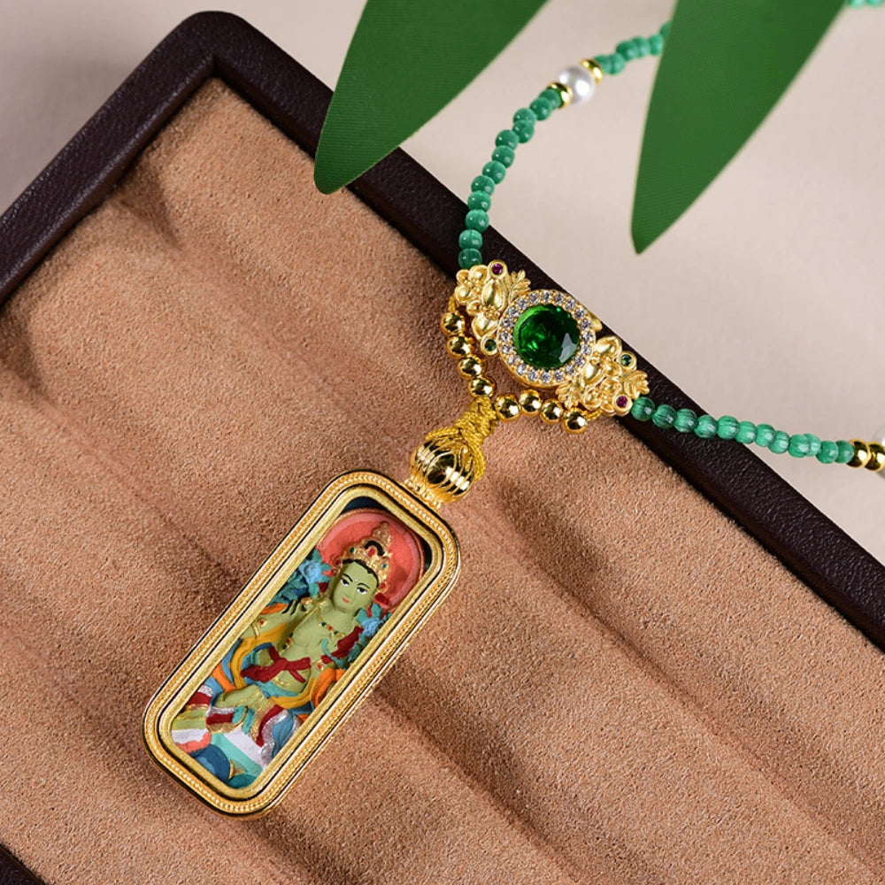 Green Tara Thangka Pendant Emerald Glass Pearl Choker Empowerment Necklace
