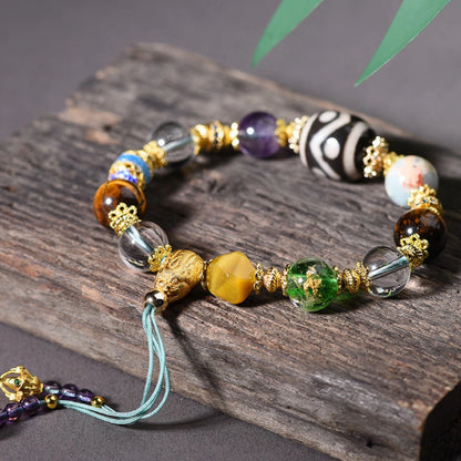 Mulstio Sacred Dzi Bead Multi Gemstone Empowerment Bracelet with Amethyst and Tiger Eye for Inner Balance