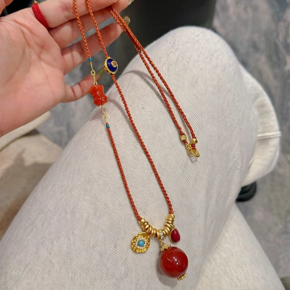 Mulstio Southern Red Agate Energy Necklace Modern Woman Empowerment Handwoven Long Pendant