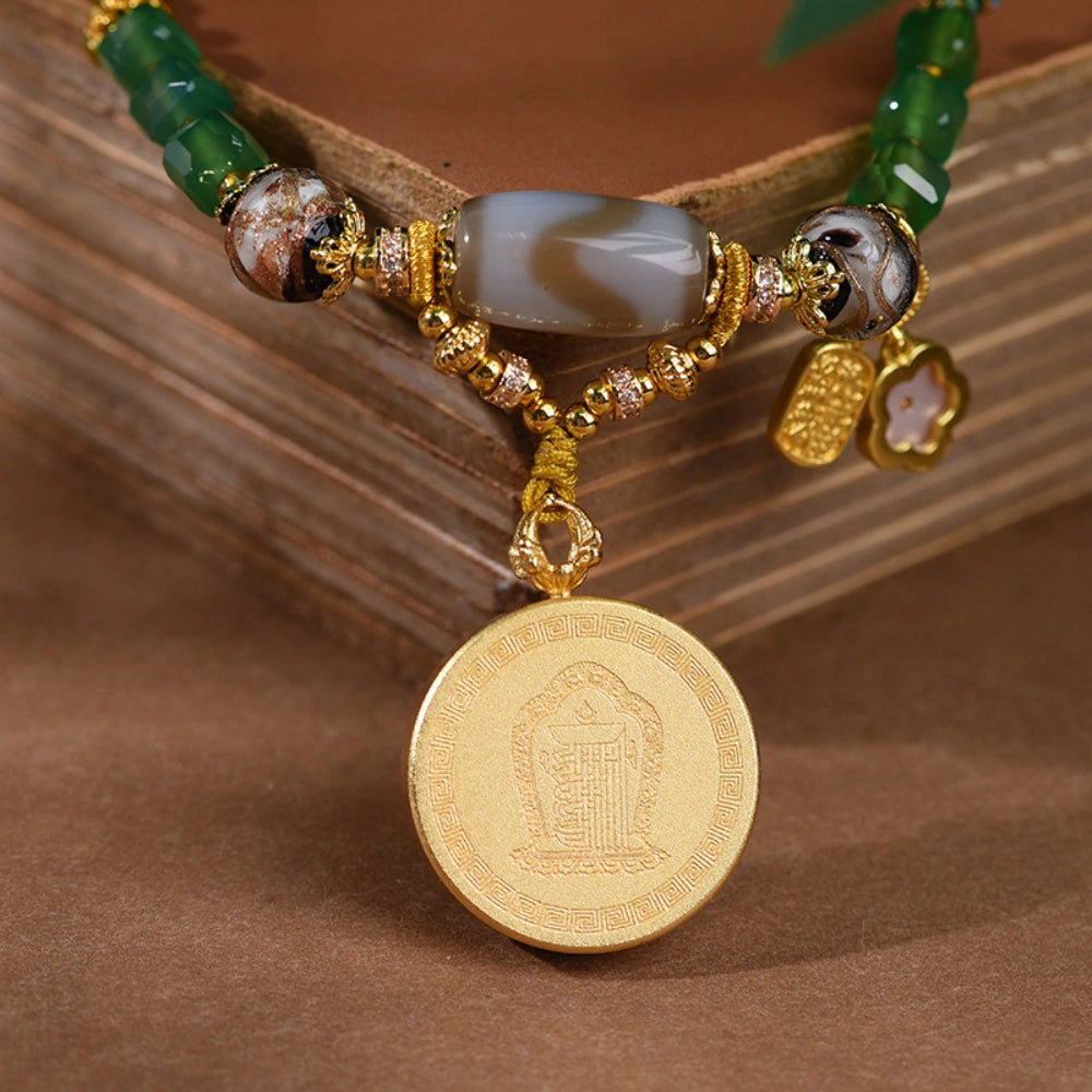 Tibetan Dzi Bead Necklace Zaki Lhamo Thangka Pendant Hand-Woven Wealth Empowerment Amulet