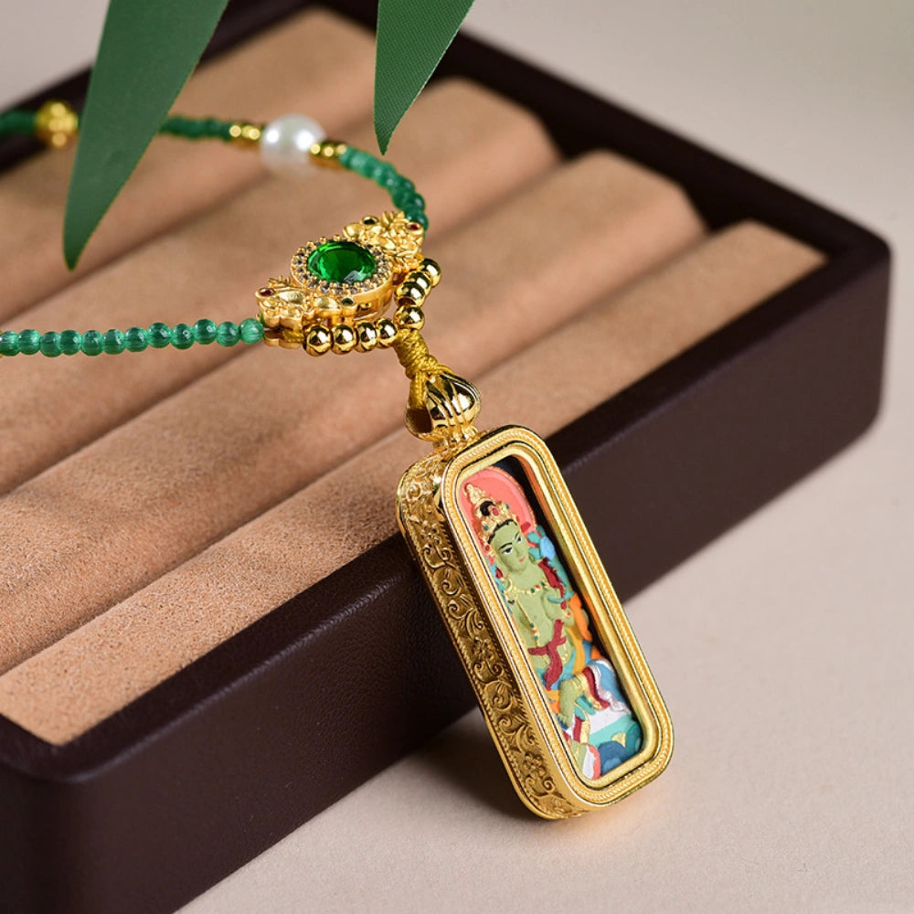 Green Tara Thangka Pendant Emerald Glass Pearl Choker Empowerment Necklace