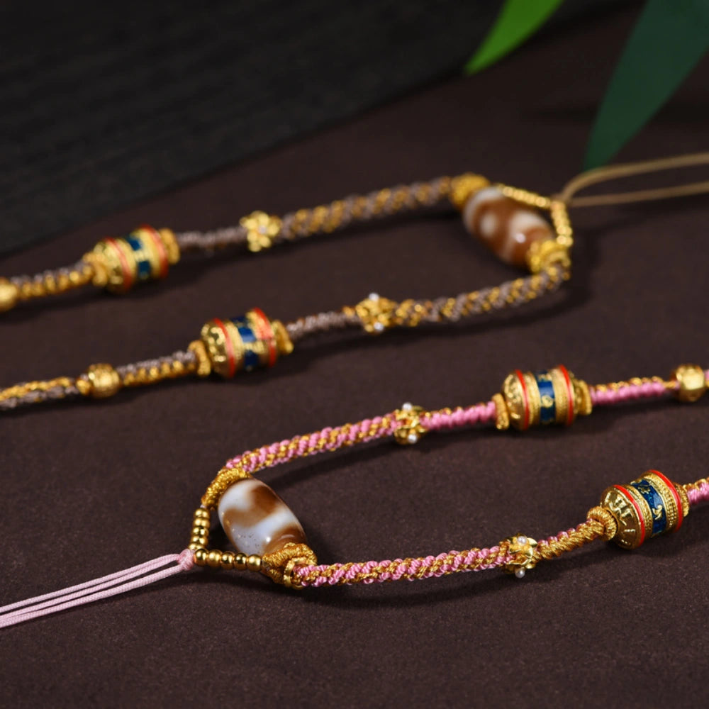Hand-Woven Tibetan Dzi Bead Necklace - Vintage Ethnic Protection Amulet for Women