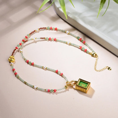 Mulstio Vintage Thangka Pendant Necklace Amethyst Green Strawberry Quartz Empowerment Jewelry