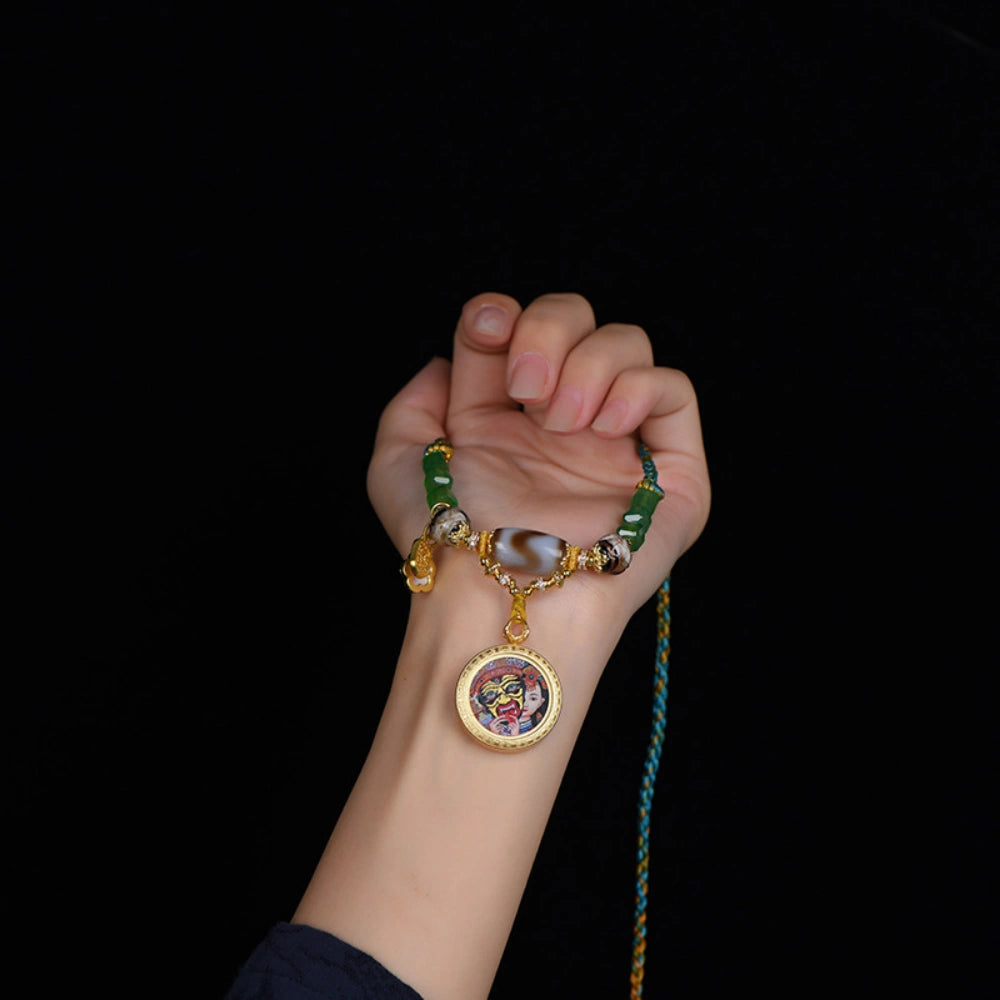 Tibetan Dzi Bead Necklace Zaki Lhamo Thangka Pendant Hand-Woven Wealth Empowerment Amulet