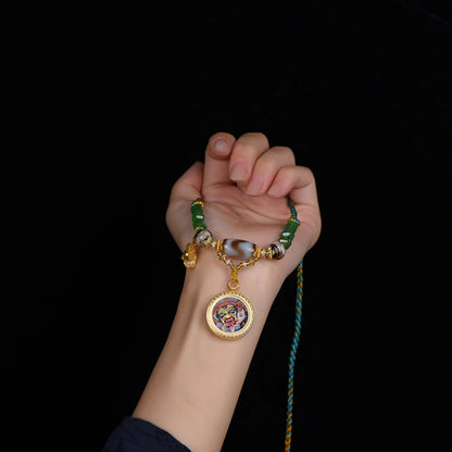 Tibetan Dzi Bead Necklace Zaki Lhamo Thangka Pendant Hand-Woven Wealth Empowerment Amulet