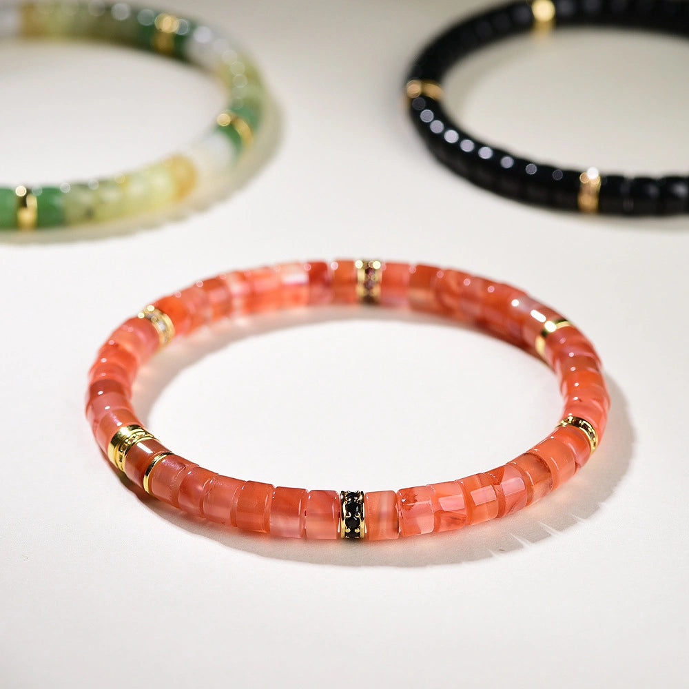 Mulstio Empowerment Bracelet Collection Nan Hong Agate Mo Yu and Hetian Jade Tablet Cut Talisman