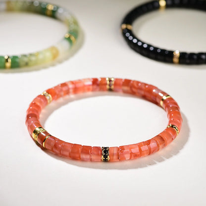 Mulstio Empowerment Bracelet Collection Nan Hong Agate Mo Yu and Hetian Jade Tablet Cut Talisman