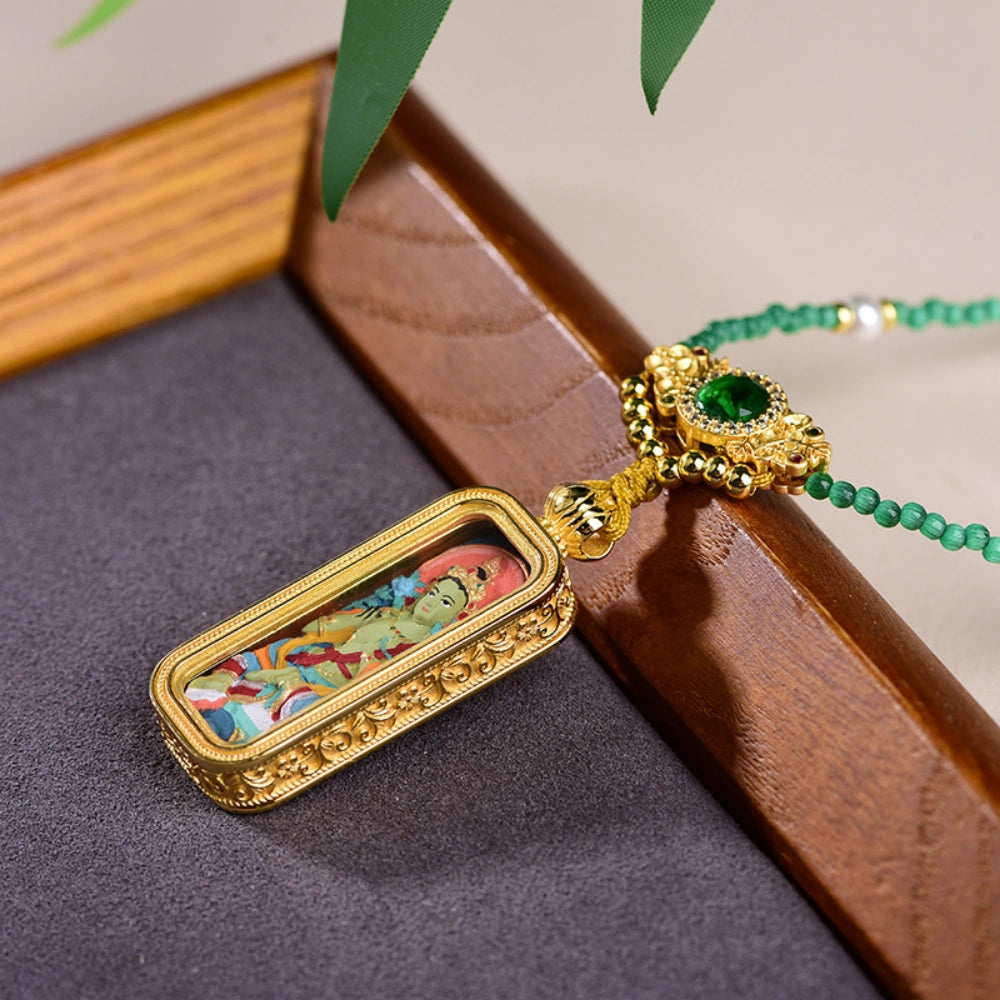 Green Tara Thangka Pendant Emerald Glass Pearl Choker Empowerment Necklace