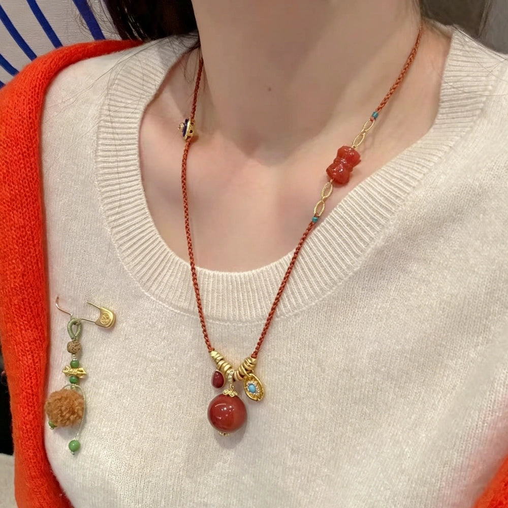 Mulstio Southern Red Agate Energy Necklace Modern Woman Empowerment Handwoven Long Pendant