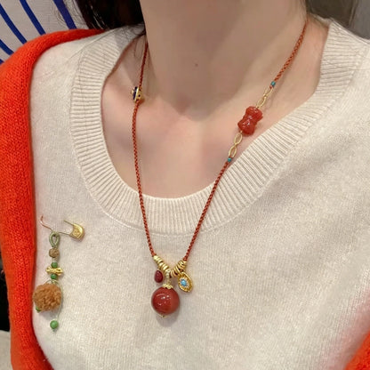 Mulstio Southern Red Agate Energy Necklace Modern Woman Empowerment Handwoven Long Pendant