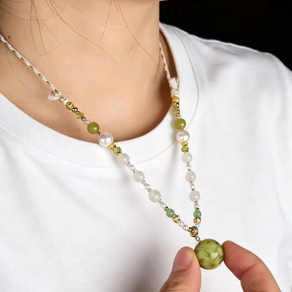 Mulstio Xiuyan Jade Pendant Necklace Hand Woven Sweater Chain for Women Inner Peace
