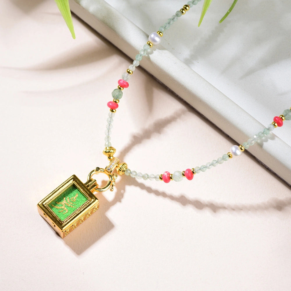 Mulstio Vintage Thangka Pendant Necklace Amethyst Green Strawberry Quartz Empowerment Jewelry
