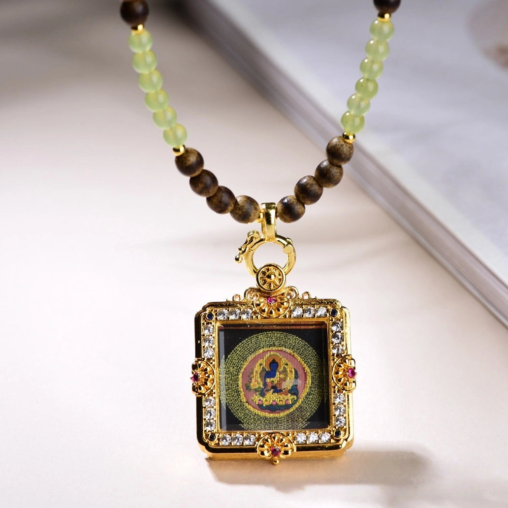 Mulstio Vintage Agarwood Thangka Pendant Necklace Spiritual Protection Jewelry for Women