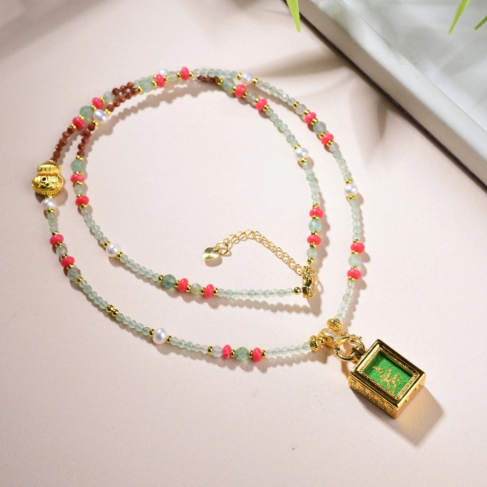 Mulstio Vintage Thangka Pendant Necklace Amethyst Green Strawberry Quartz Empowerment Jewelry