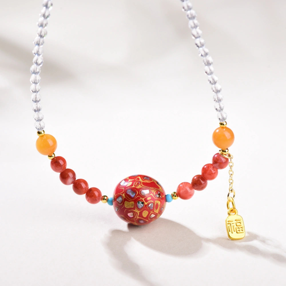 Mulstio Empowerment Lacquer Bead Necklace Mother of Pearl Healing Crystal Choker for Inner Harmony