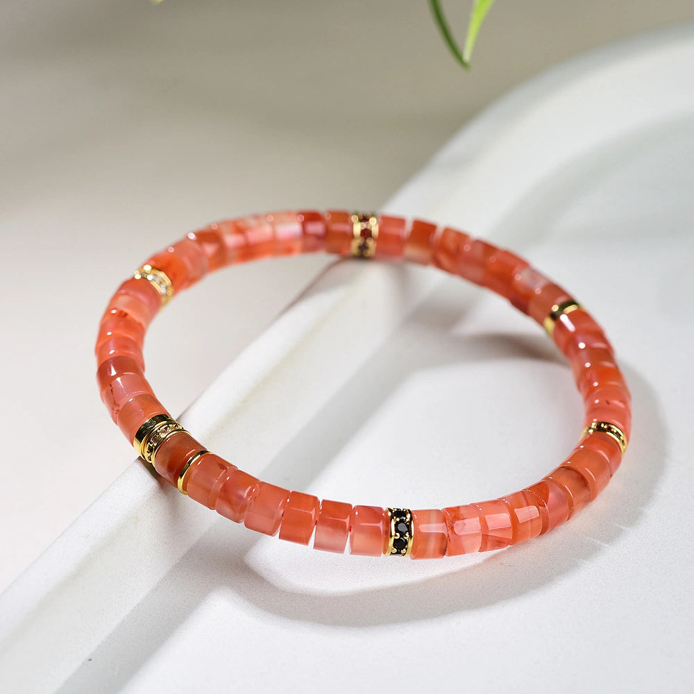 Mulstio Empowerment Bracelet Collection Nan Hong Agate Mo Yu and Hetian Jade Tablet Cut Talisman