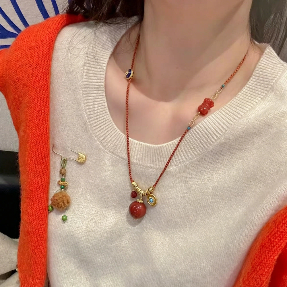 Mulstio Southern Red Agate Energy Necklace Modern Woman Empowerment Handwoven Long Pendant