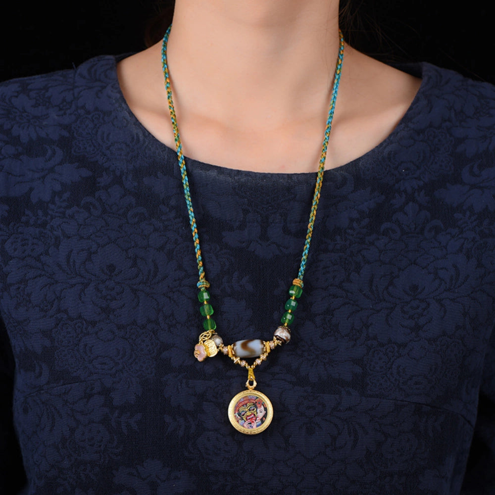 Tibetan Dzi Bead Necklace Zaki Lhamo Thangka Pendant Hand-Woven Wealth Empowerment Amulet