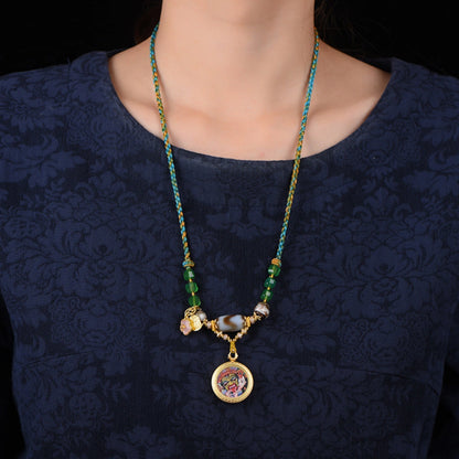 Tibetan Dzi Bead Necklace Zaki Lhamo Thangka Pendant Hand-Woven Wealth Empowerment Amulet