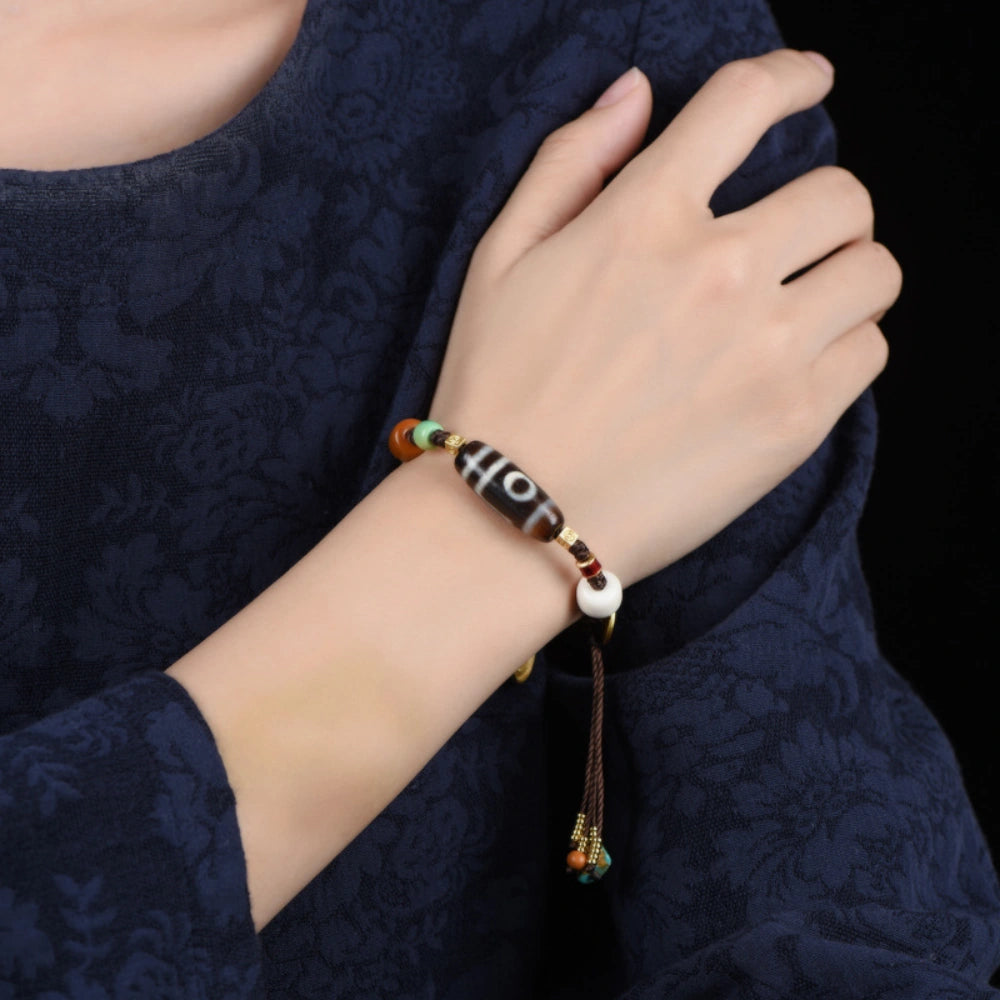 Authentic Two Eyed Dzi Bead Bracelet Agate Healing Stone Empowerment Jewelry for Women